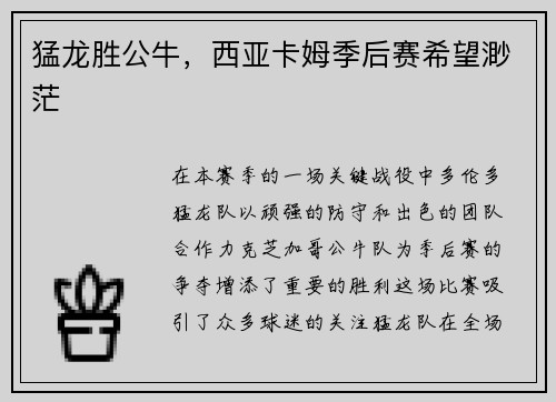 猛龙胜公牛，西亚卡姆季后赛希望渺茫