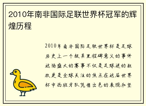 2010年南非国际足联世界杯冠军的辉煌历程