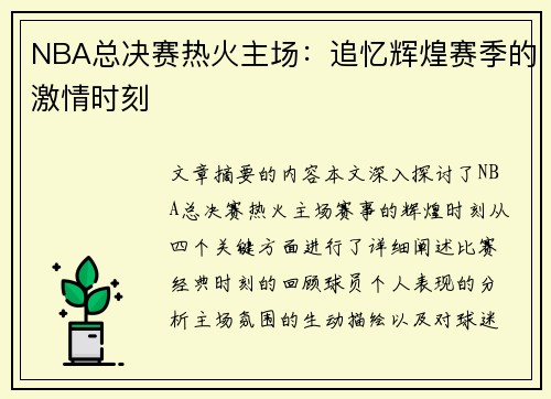 NBA总决赛热火主场：追忆辉煌赛季的激情时刻