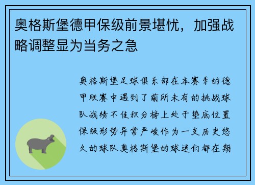 奥格斯堡德甲保级前景堪忧，加强战略调整显为当务之急